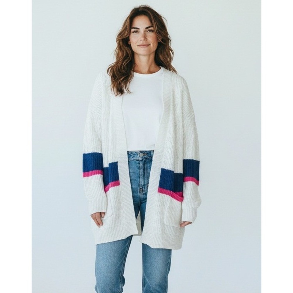 Ultra Flirt Cardigan White Stripe Open Front Lightweight Knit Large Layering NWT